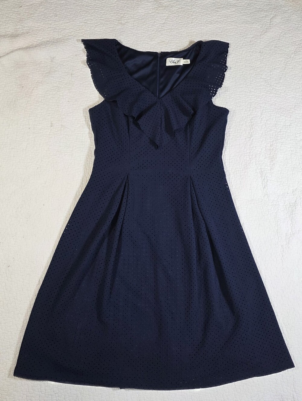 Eliza J Navy Blue Eyelet Ruffle V-Neck Dress
